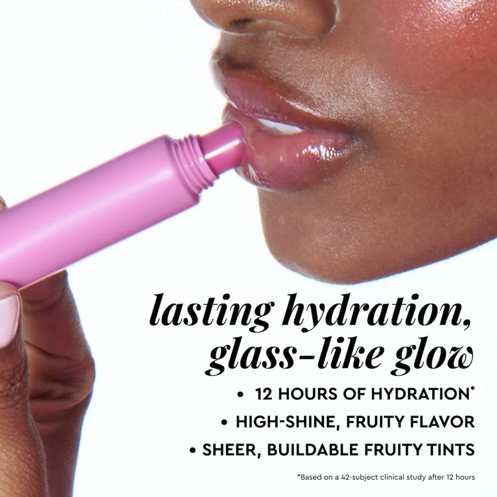 Glow Recipe Glass Balm Lip Treatment gloss closeup shows high shine and sheer tint.