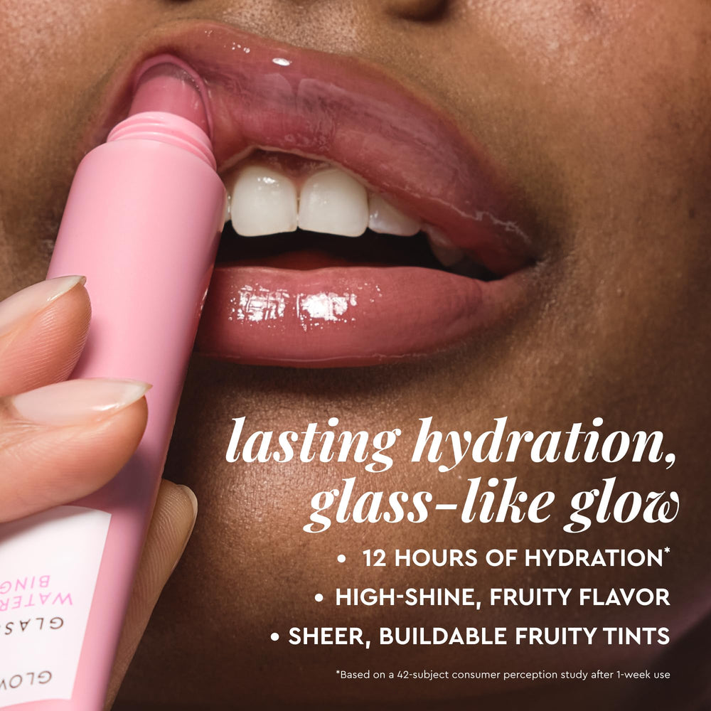 Glow Recipe Glass Balm Lip Treatment highlights hyaluronic acid for deep hydration on lips.