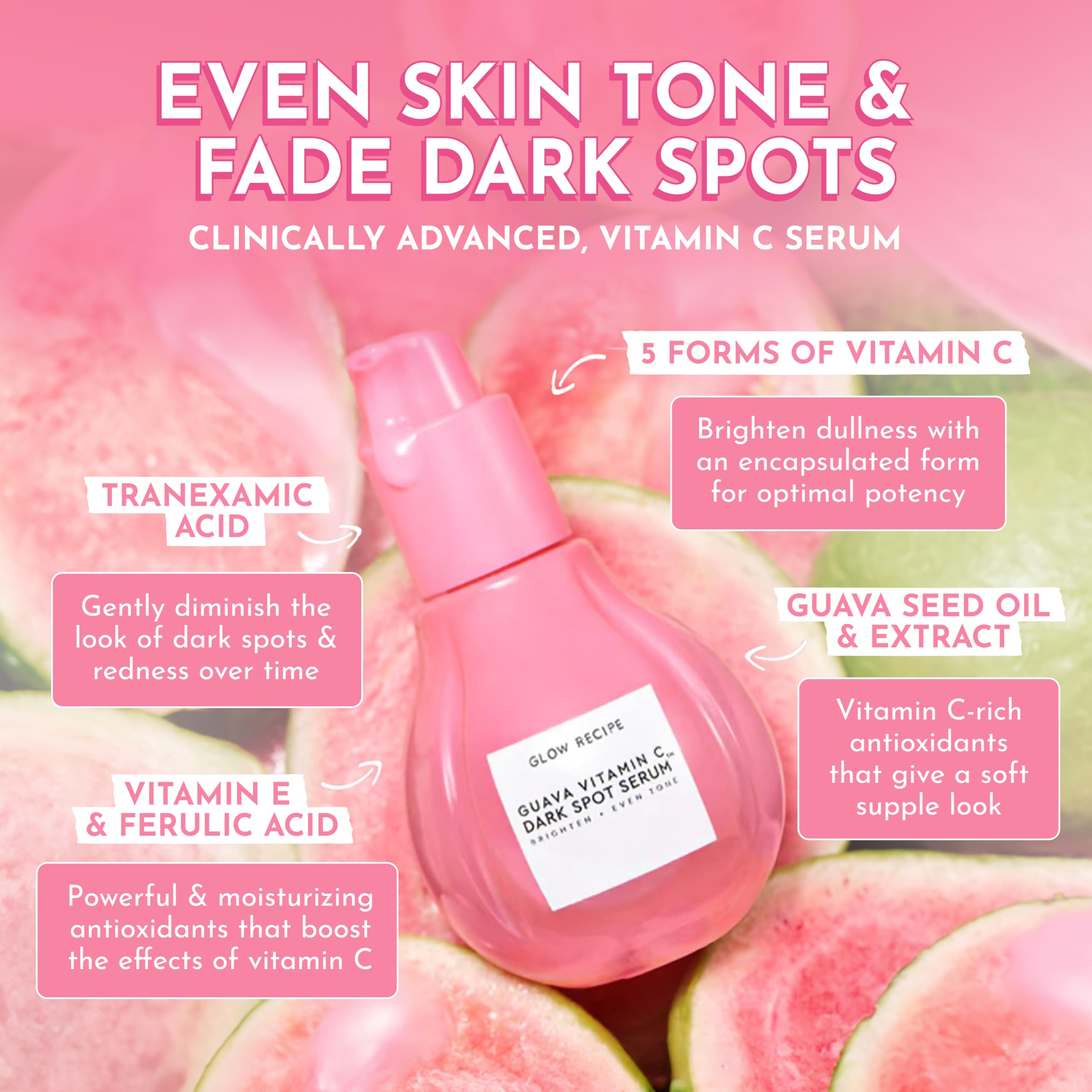 Glow Recipe guava serum highlights vitamin C and guava extract for antioxidant support
