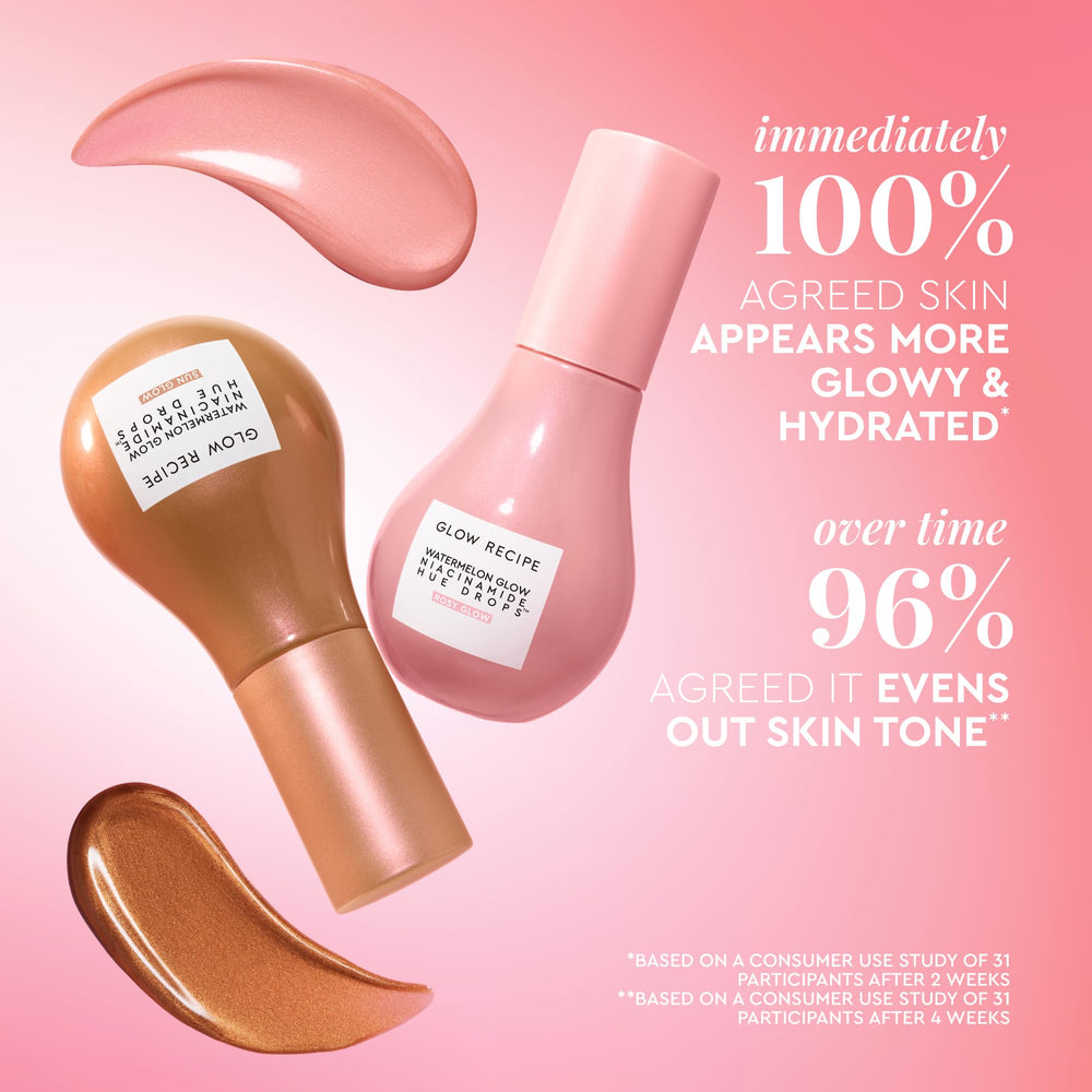 Hue Drops applied to cheekbones as tinted highlighter for glow