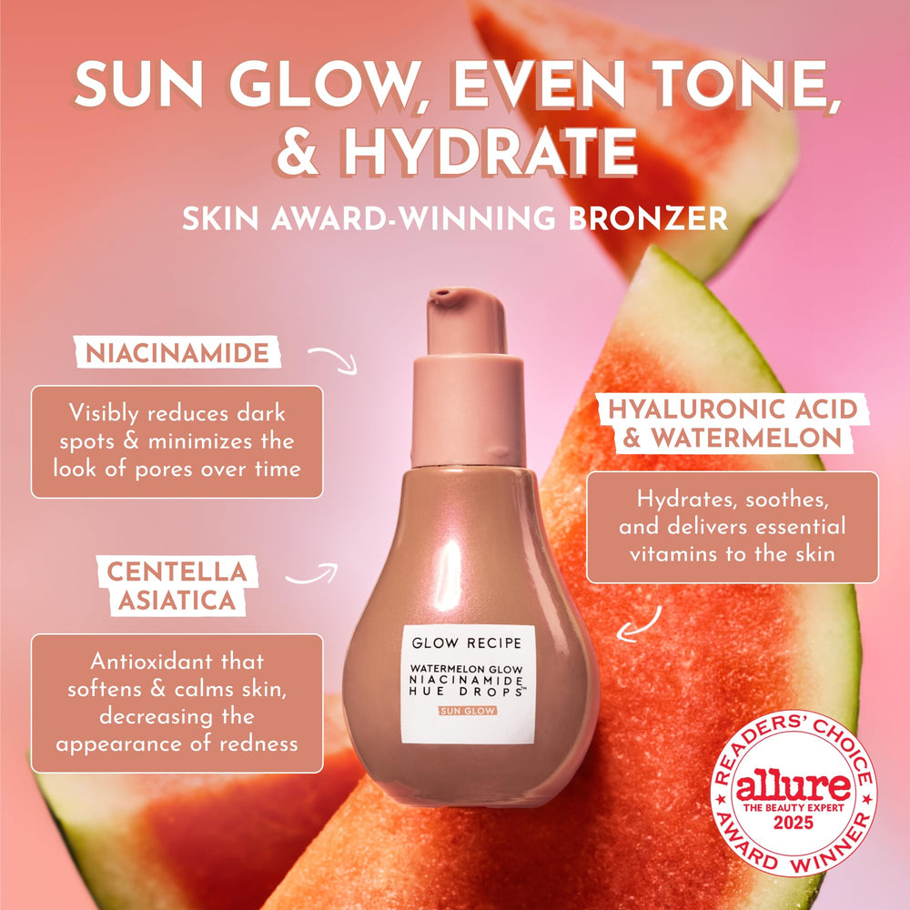 Glow Recipe Hue Drops highlighter-cheekbone for dewy face definition.