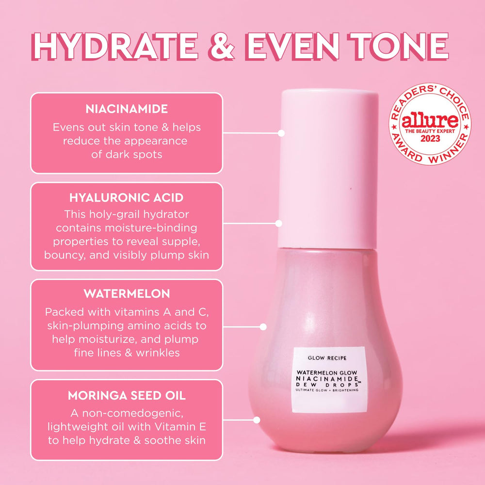 Glow Recipe niacinamide serum texture close-up showing lightweight hydration and dewy finish.