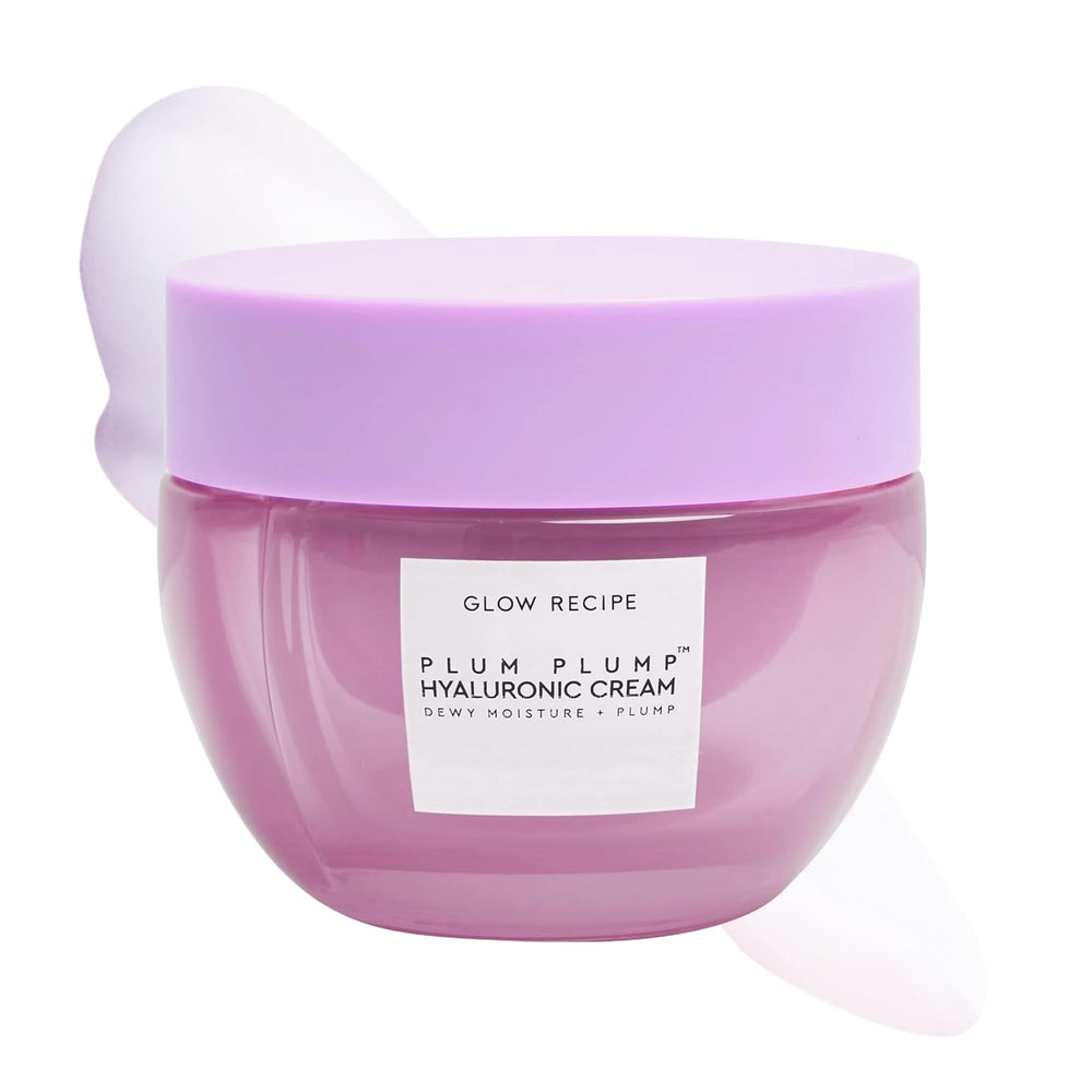 Glow Recipe Plum Plump jar closeup showing hydration-rich cream for dewy skin.
