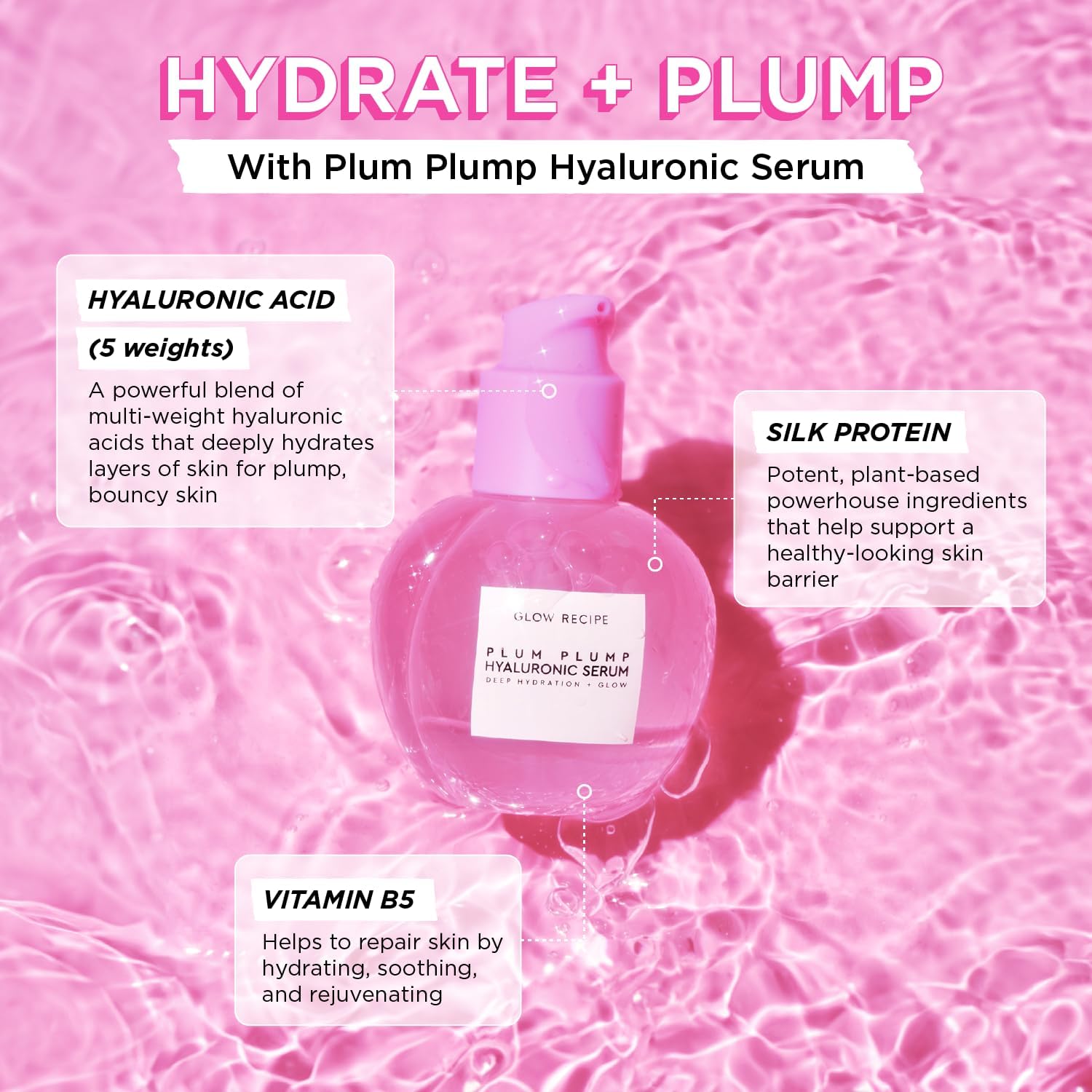 Glow Recipe Plum Plump Serum texture close-up shows silky gel-cream absorption.