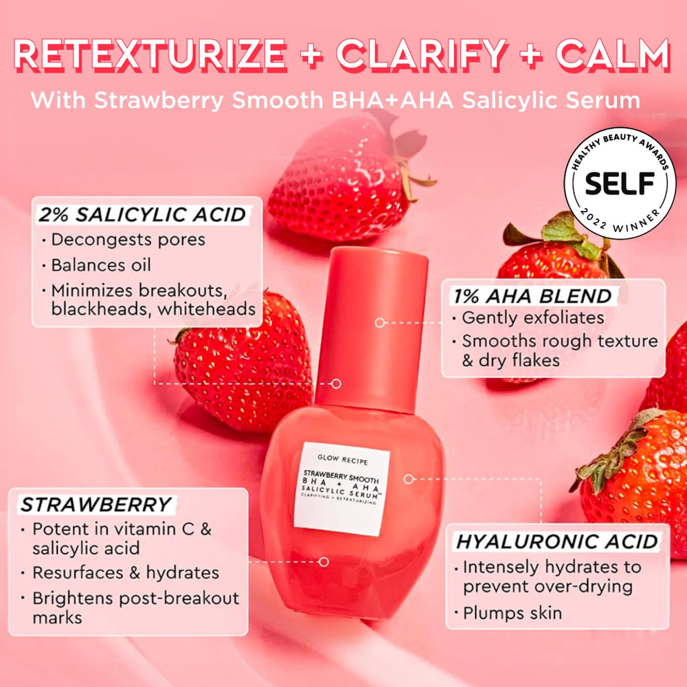 Glow Recipe Strawberry Smoothing Serum texture closeup highlighting gentle AHA/BHA exfoliation and pore smoothing