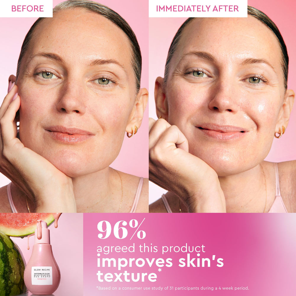 Glow Recipe Watermelon Glow Niacinamide Dew Drops hydration boost on skin.