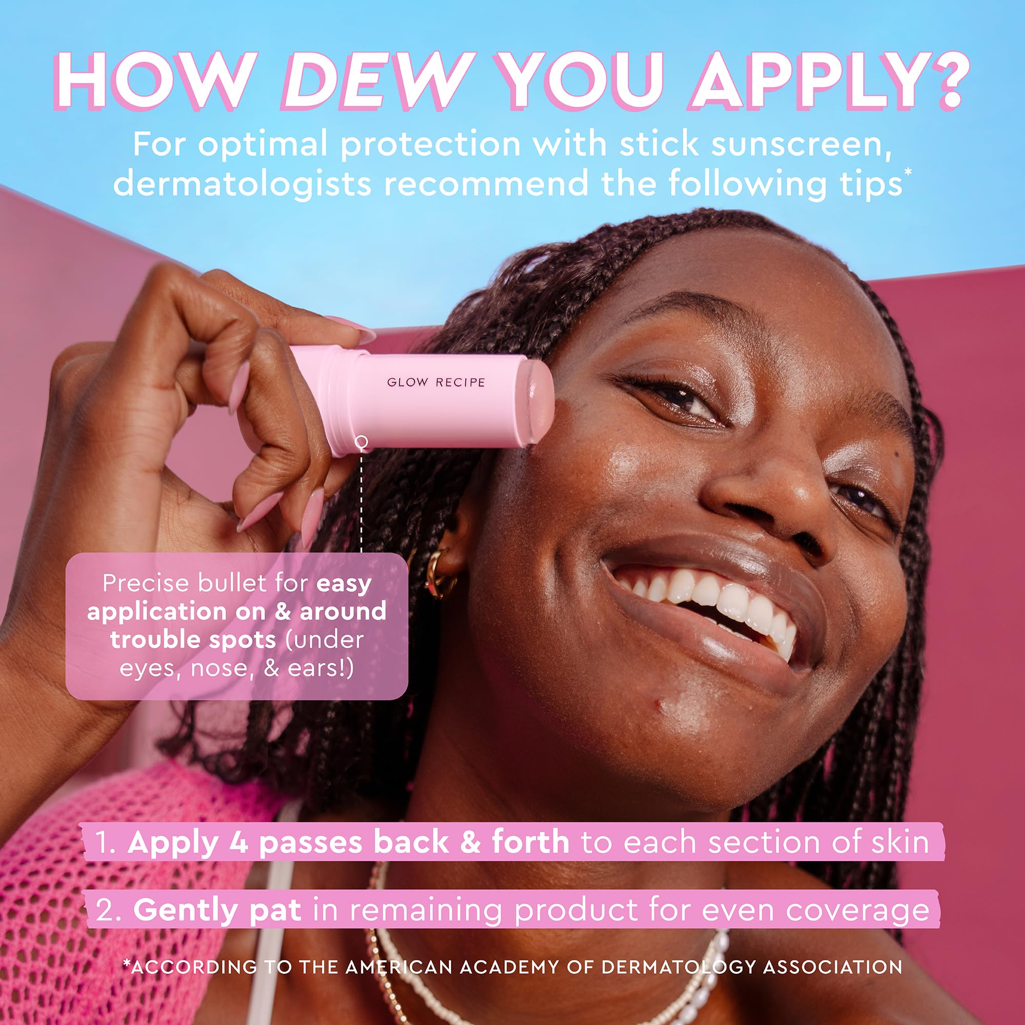 Glow Recipe watermelon hydration focus—hydrating sunscreen stick soothing and refreshing.