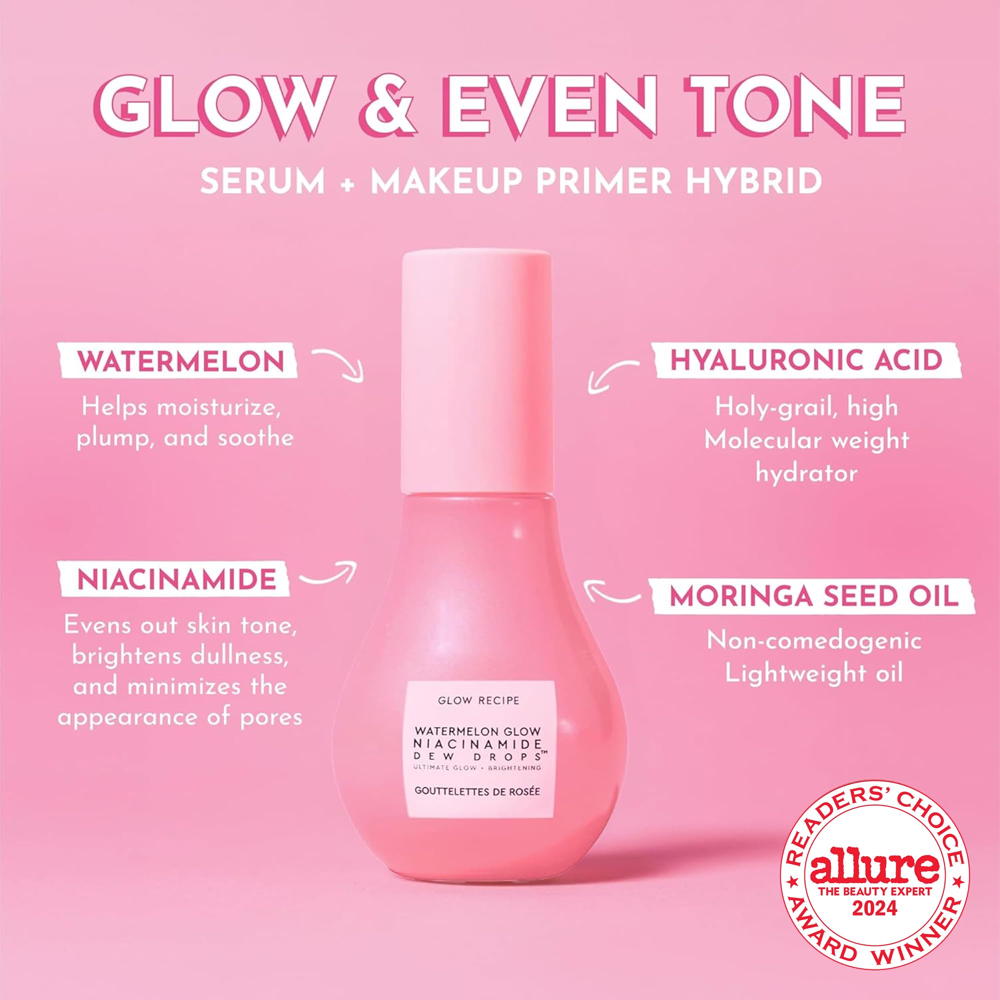 Glow Recipe Watermelon Niacinamide Dew Drops pump shows controlled, lightweight application
