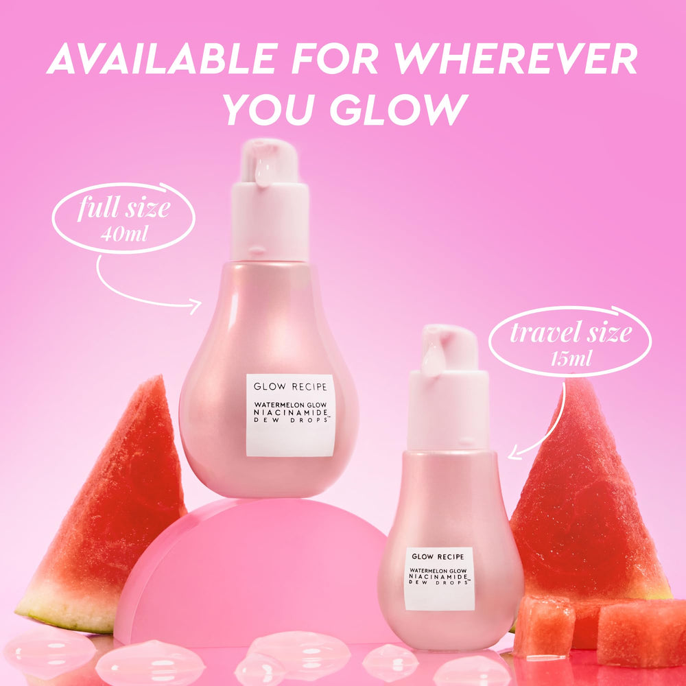 Glow Recipe watermelon-scented serum packaging emphasizing refreshing, brightening routine.