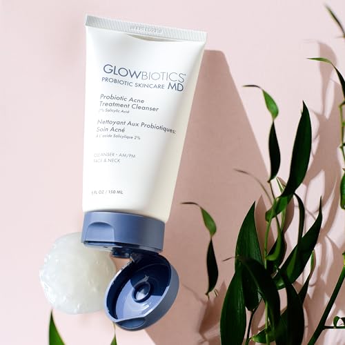 Glowbiotics clarifying cleanser closeup label—probiotic base supports balanced skin microbiome.