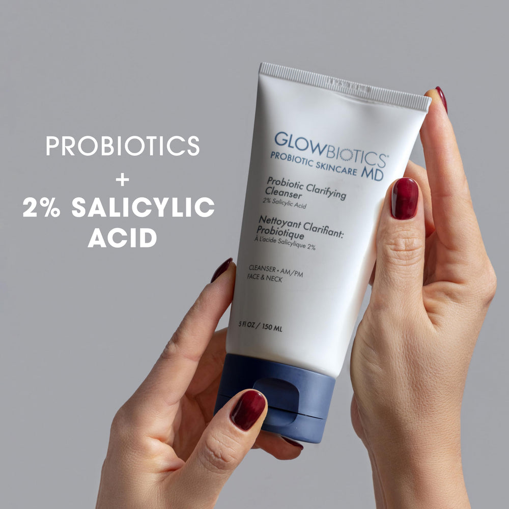 Glowbiotics clarifying cleanser foaming lather—rich foam purifies without over-drying.