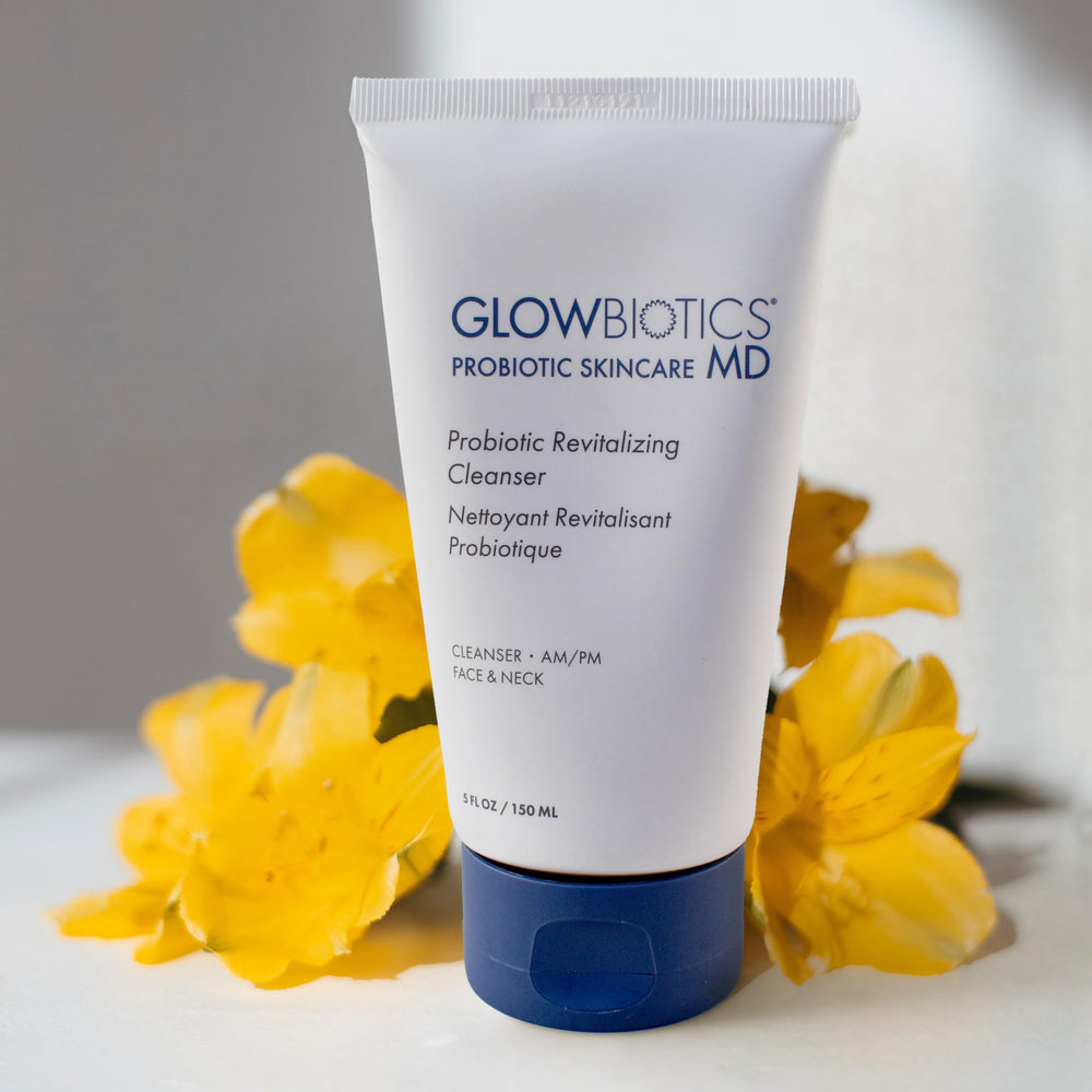 Glowbiotics probiotic cleanser dispenser closeup focused on easy application.