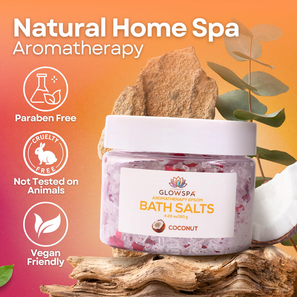 GlowSPA coconut bath salts crystals in bowl providing hydrating feel