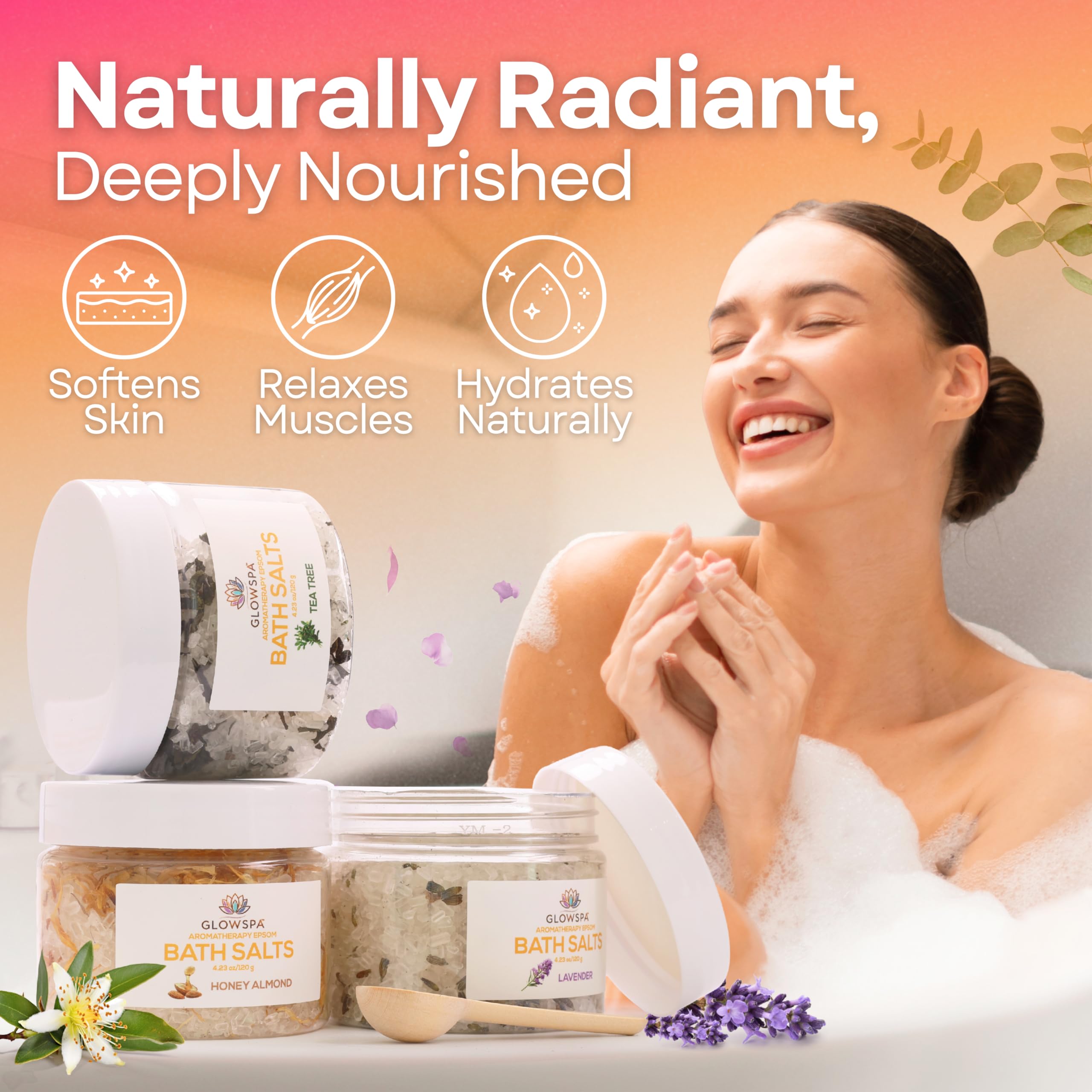 GlowSPA eucalyptus bath salts jar with crisp aroma for refreshing renewal
