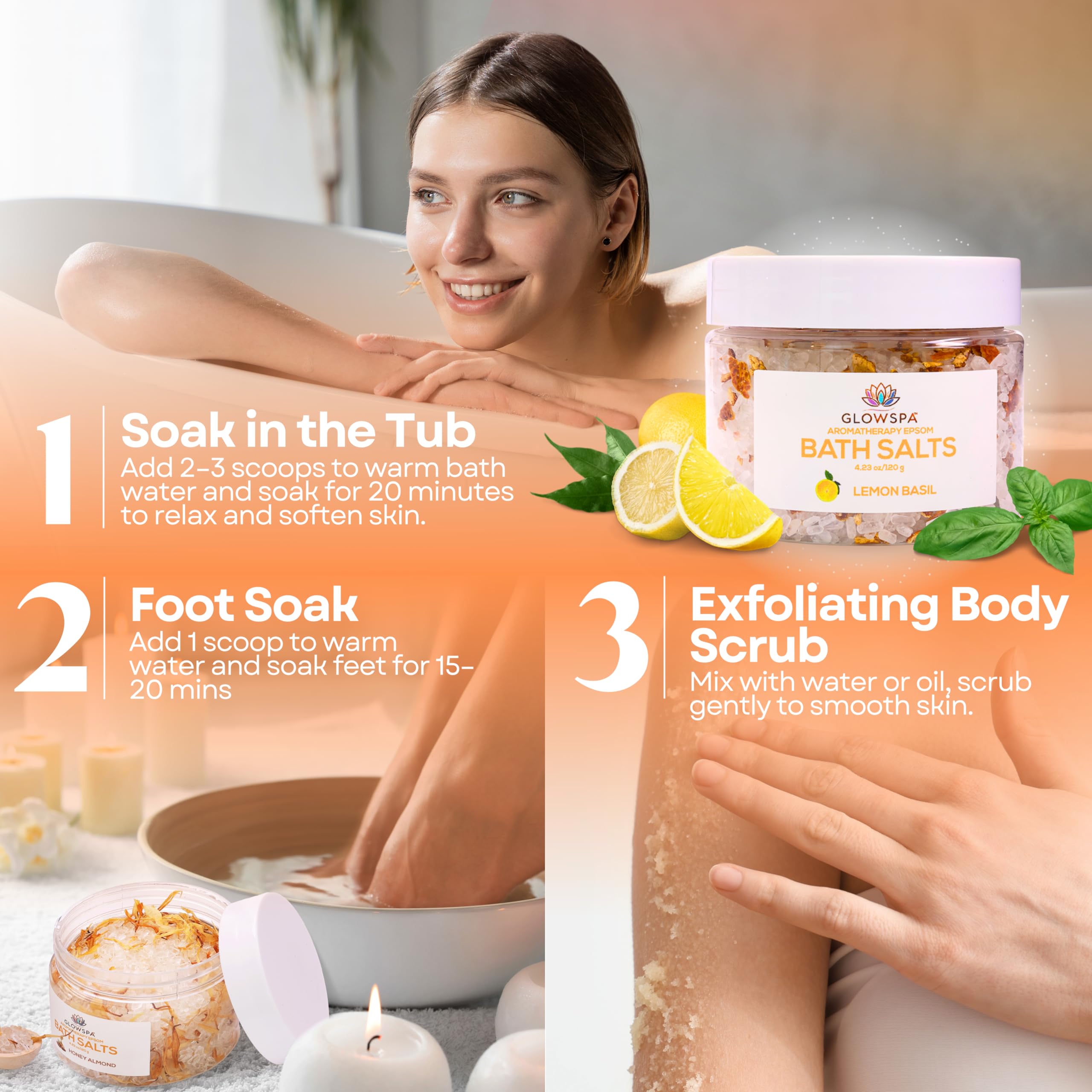 GlowSPA orange bath salts with zest for uplifting bath experience