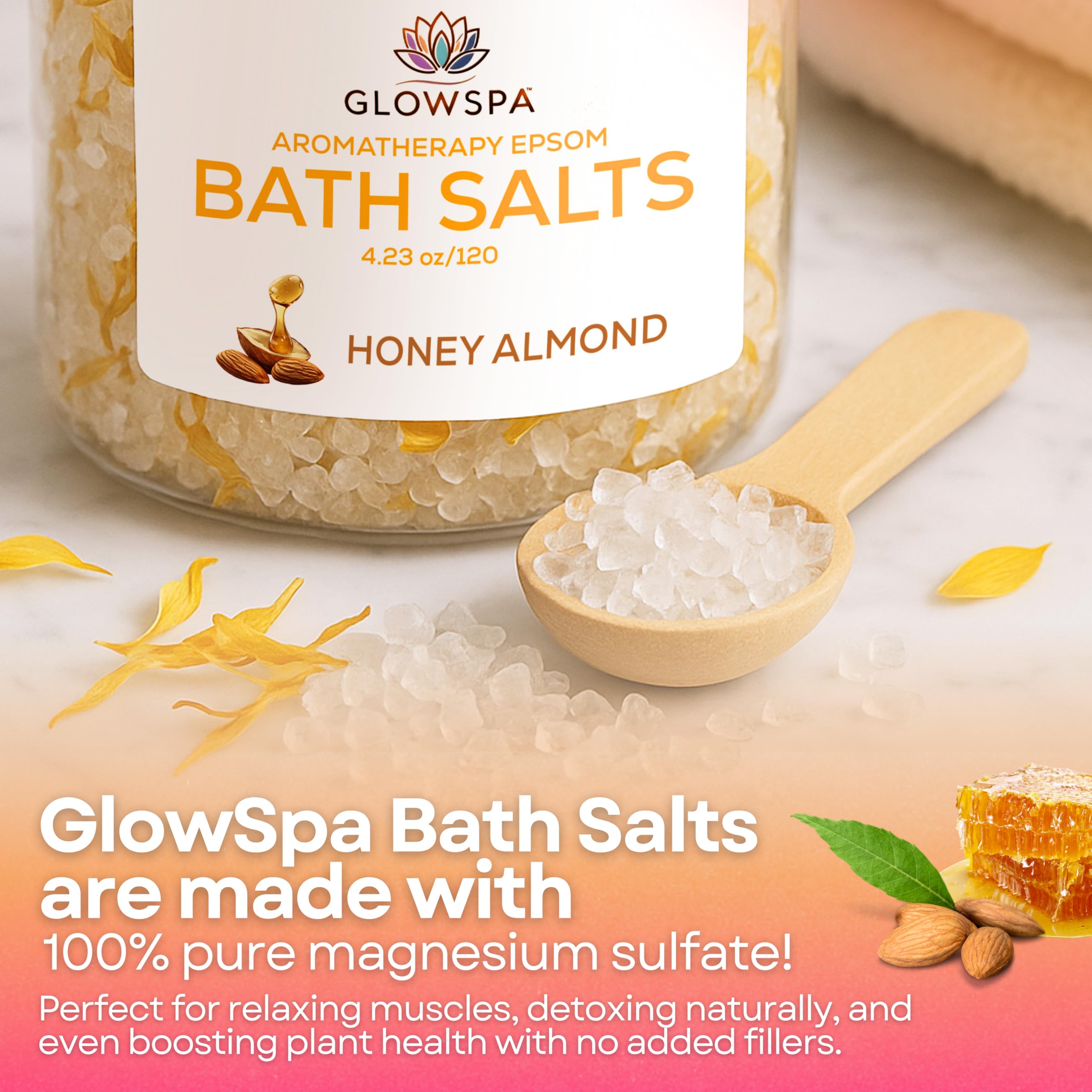 GlowSPA bath salts being poured into water inviting a luxurious self care moment