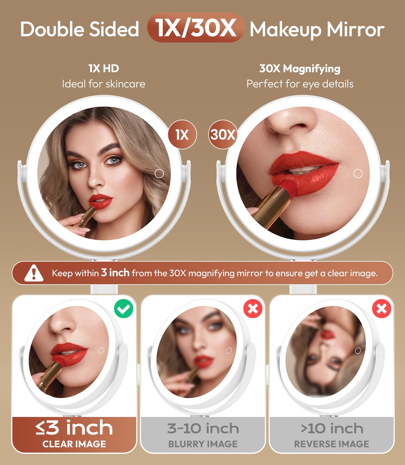 Glowtop lighted makeup mirror 30x close-up view for precise grooming