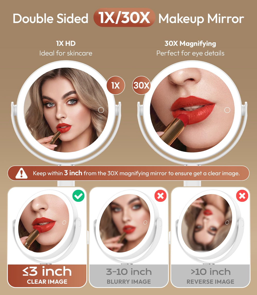 Glowtop lighted makeup mirror 30x close-up view for precise grooming