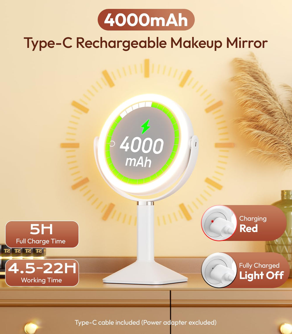 Glowtop makeup mirror with 3 light modes for any setting