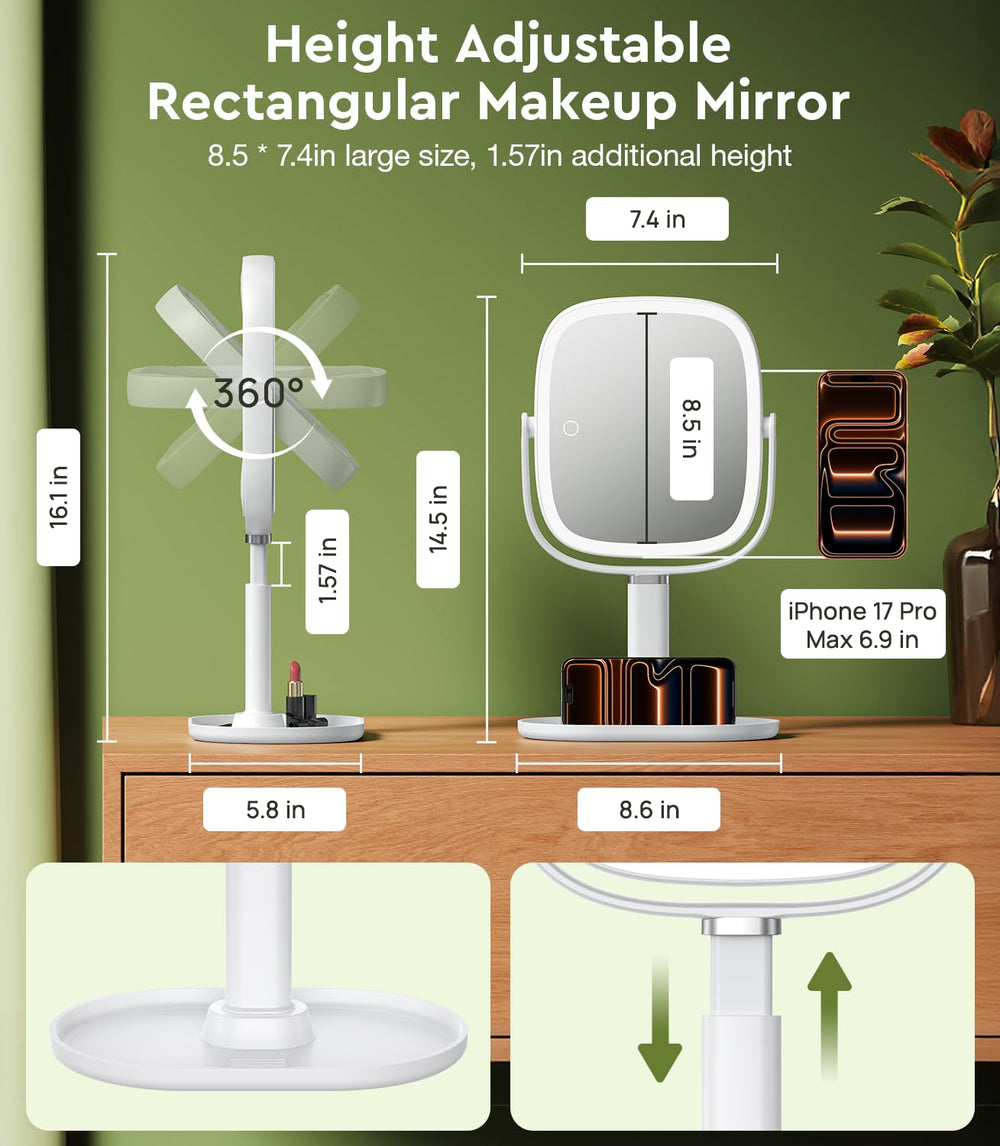 Glowtop mirror 20x magnification side highlights precise detail for brows and liner.