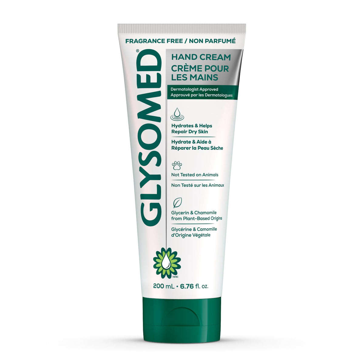 Glysomed hand cream unscented 200ml bottle closeup highlighting fragrance-free hydration.