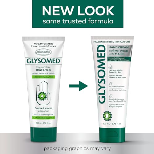 Glysomed hand cream unscented bottle with hands applying for soothing moisture.