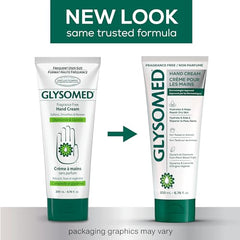 Glysomed hand cream unscented bottle with hands applying for soothing moisture.