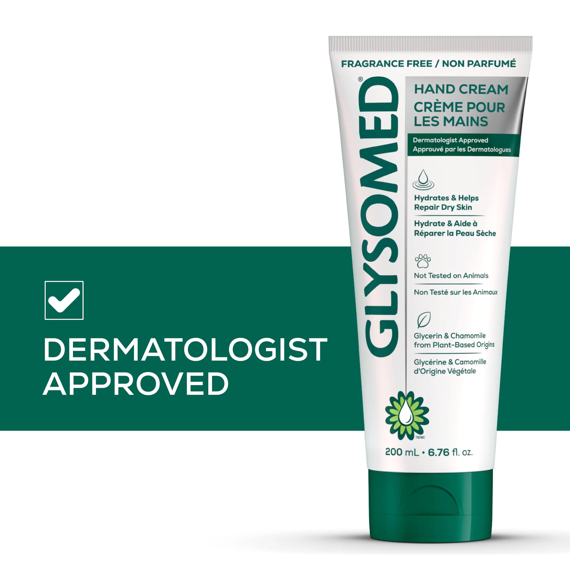 Glysomed hand cream unscented hypoallergenic formulation shown on product packaging.