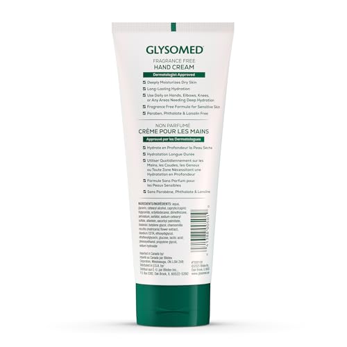 Glysomed hand cream unscented silky texture on skin for smooth feel.