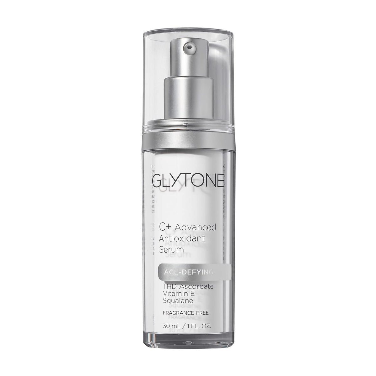 Glytone Age-Defying C Plus Serum bottle highlights brightening and hydrating skin benefits.