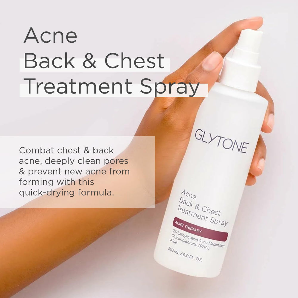 Glytone back acne spray bottle demonstrates easy coverage for hard-to-reach areas
