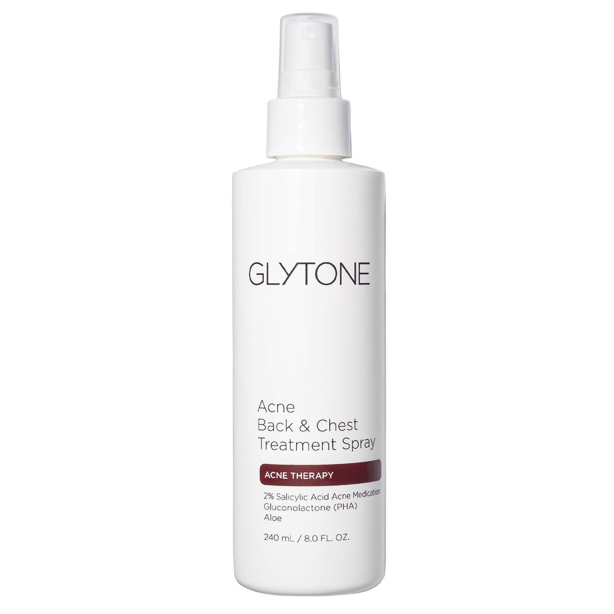 Glytone bacne spray pump shows precise application for clearer back pores