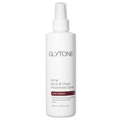 Glytone bacne spray pump shows precise application for clearer back pores