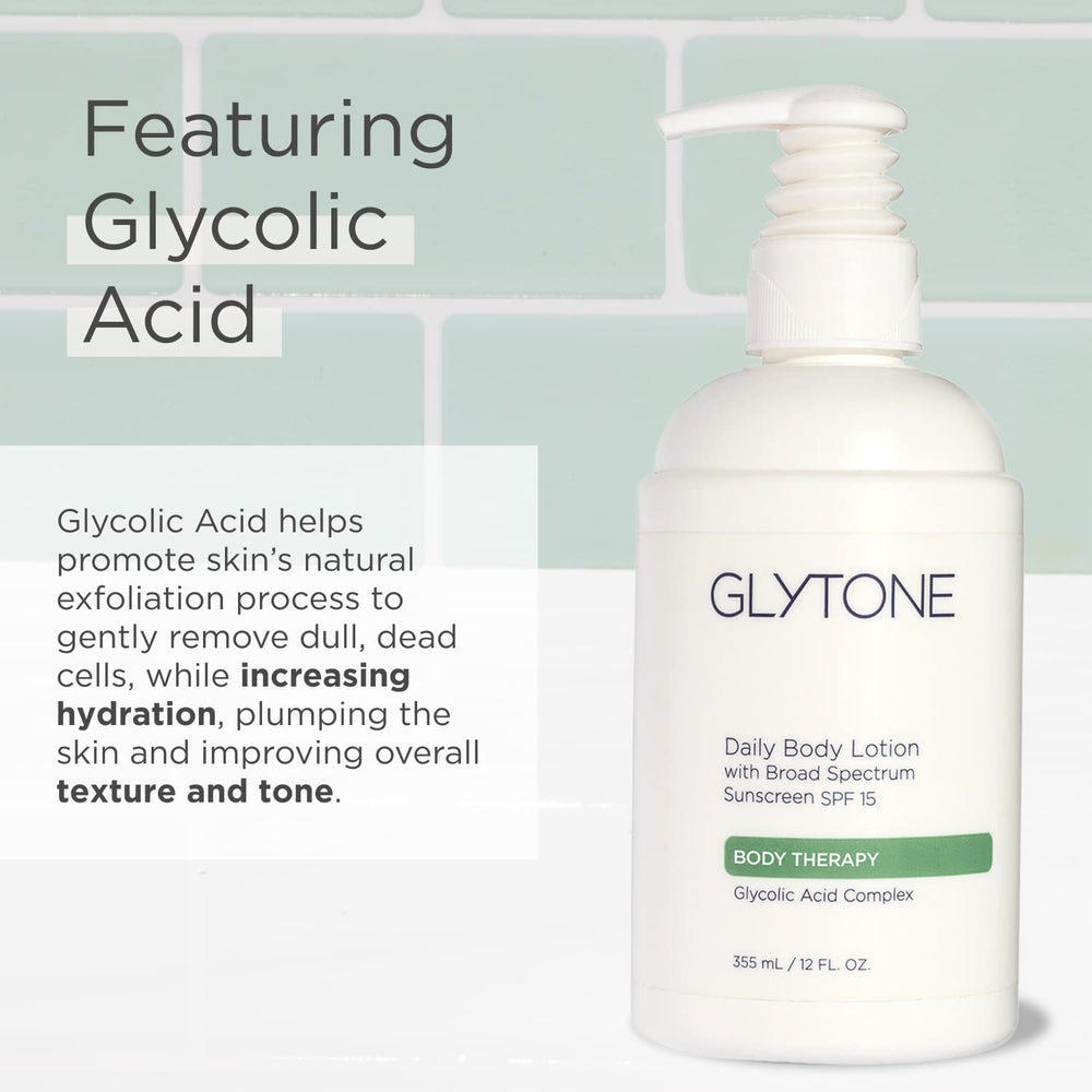 Glytone Daily Body Lotion application scene shows easy, non-greasy moisturization.