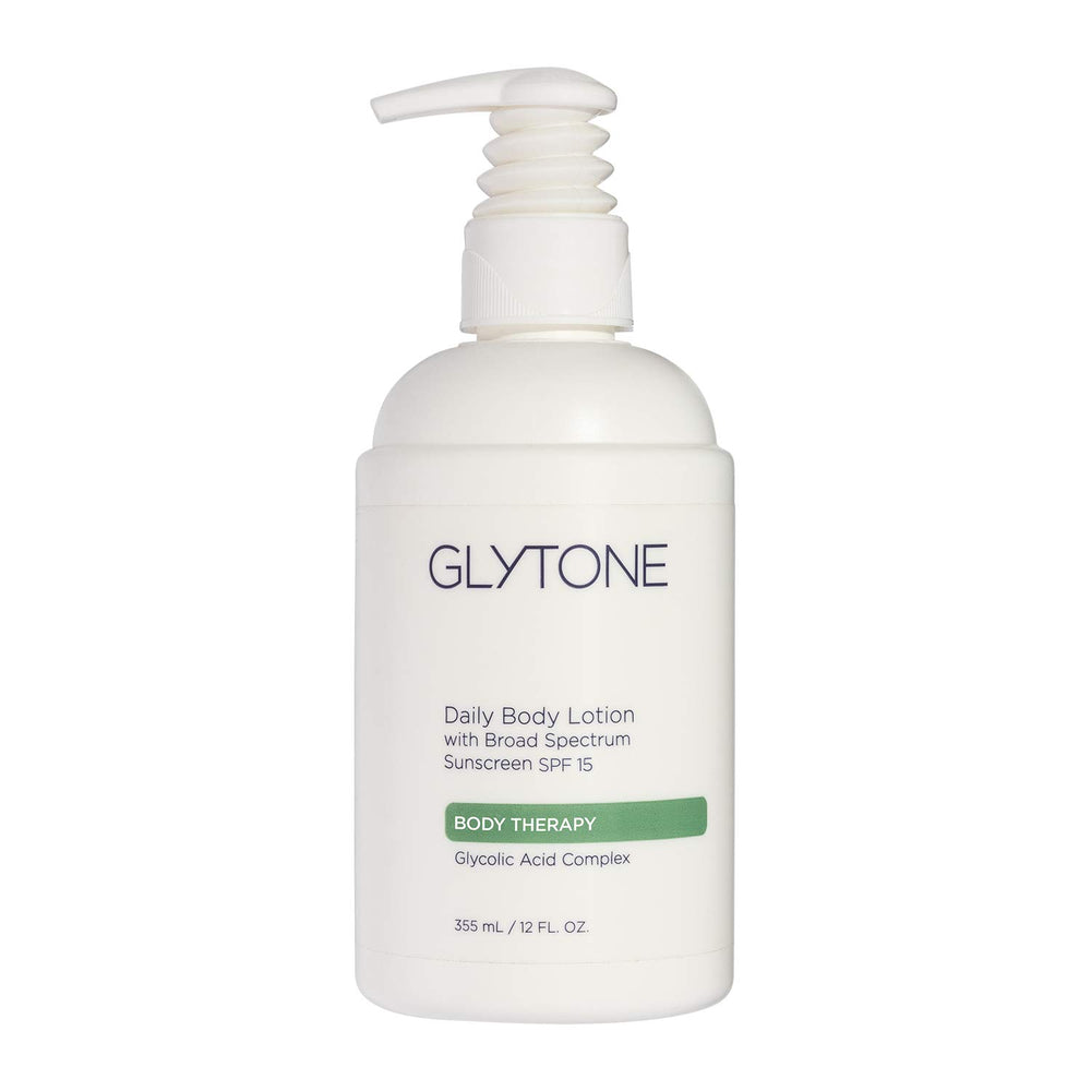 Glytone Daily Body Lotion SPF15 bottle pump for daily hydration and sun protection.