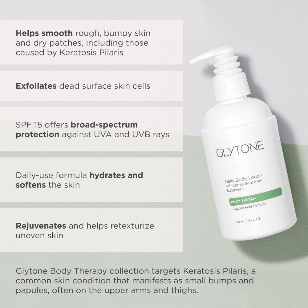 Glytone Daily Body Lotion supports sensitive skin with fragrance-free, non-comedogenic formula.