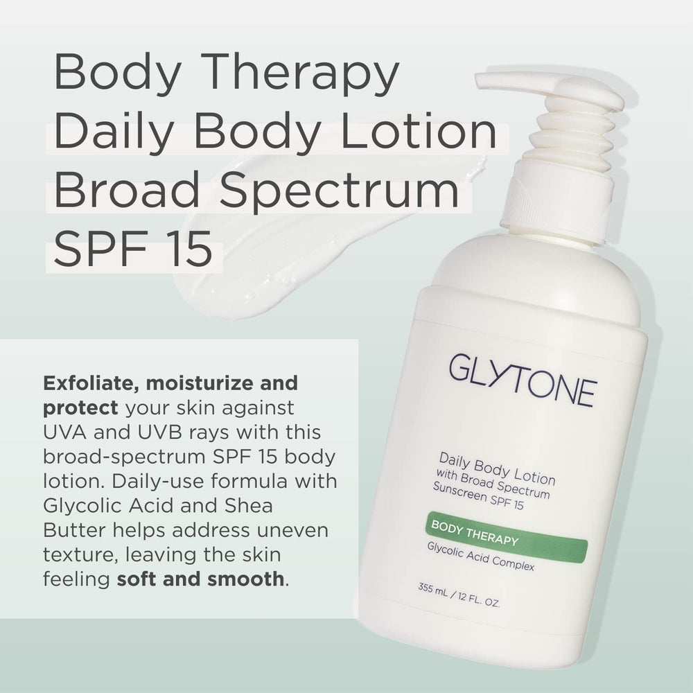Glytone Daily Body Lotion SPF15 demonstrates broad-spectrum protection for daily outdoor use.