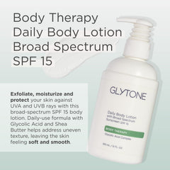Glytone Daily Body Lotion SPF15 demonstrates broad-spectrum protection for daily outdoor use.
