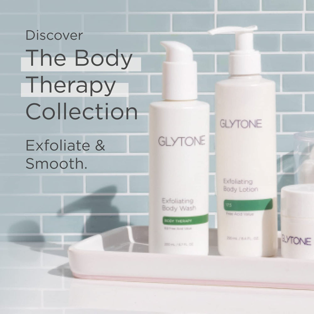 Glytone glycolic acid body wash shown in shower routine for smoother skin texture