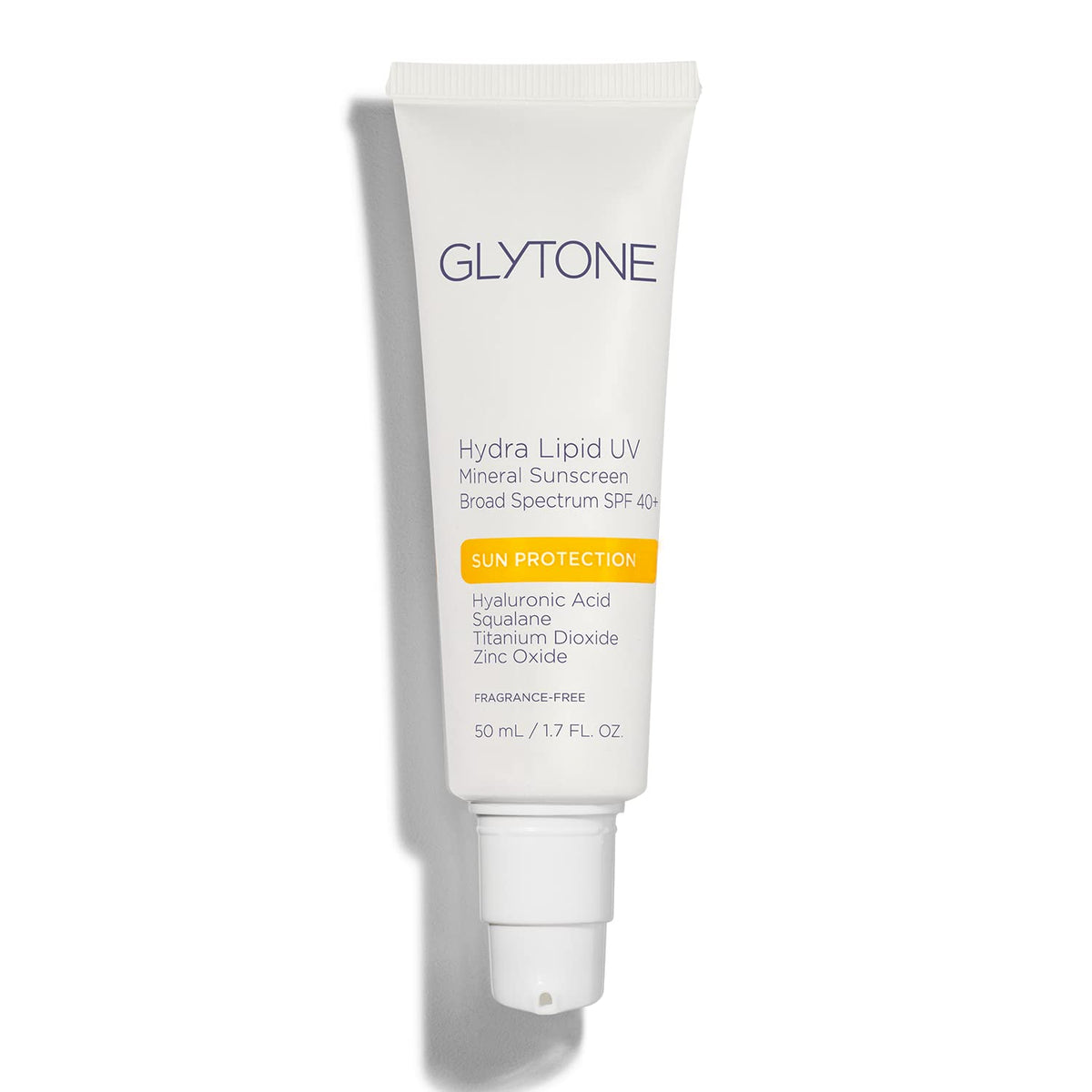 GLYTONE Hydra Lipid Sunscreen bottle-front shows mineral SPF protection for daily use.
