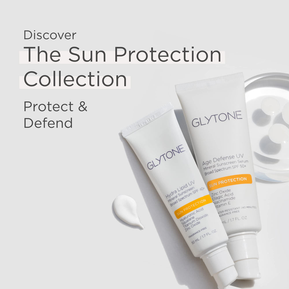 GLYTONE Hydra Lipid Sunscreen packaging-closeup signals fragrance-free formula.