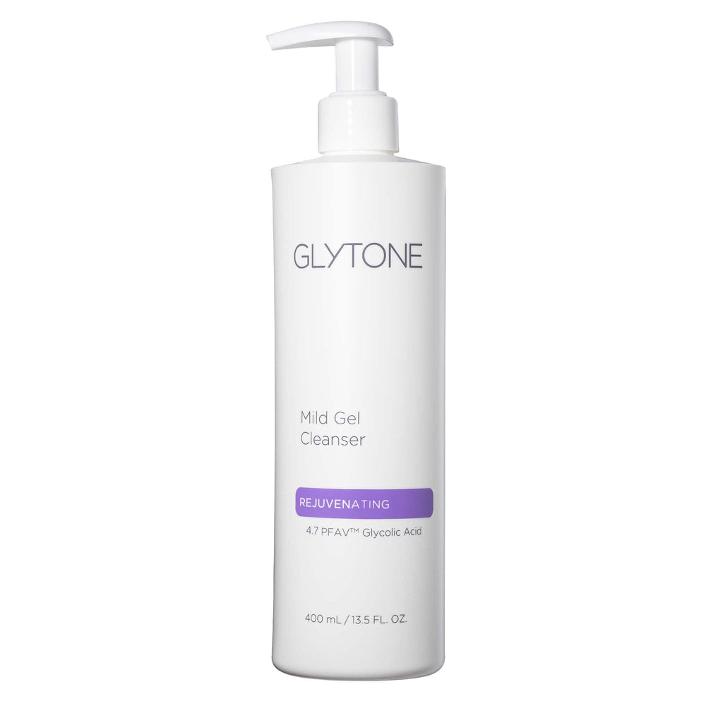 GLYTONE Mild Gel Exfoliating Cleanser bottle shows gentle exfoliation for smoother skin.