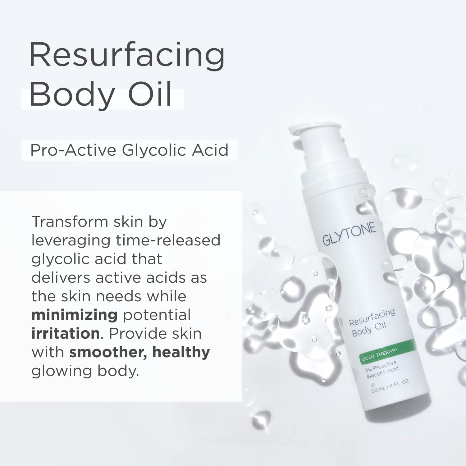 GLYTONE Resurfacing Body Oil being applied to hands for quick hydration.