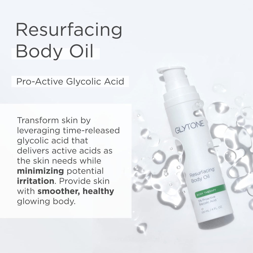 GLYTONE Resurfacing Body Oil being applied to hands for quick hydration.