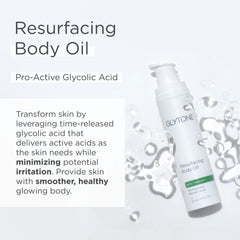 GLYTONE Resurfacing Body Oil being applied to hands for quick hydration.