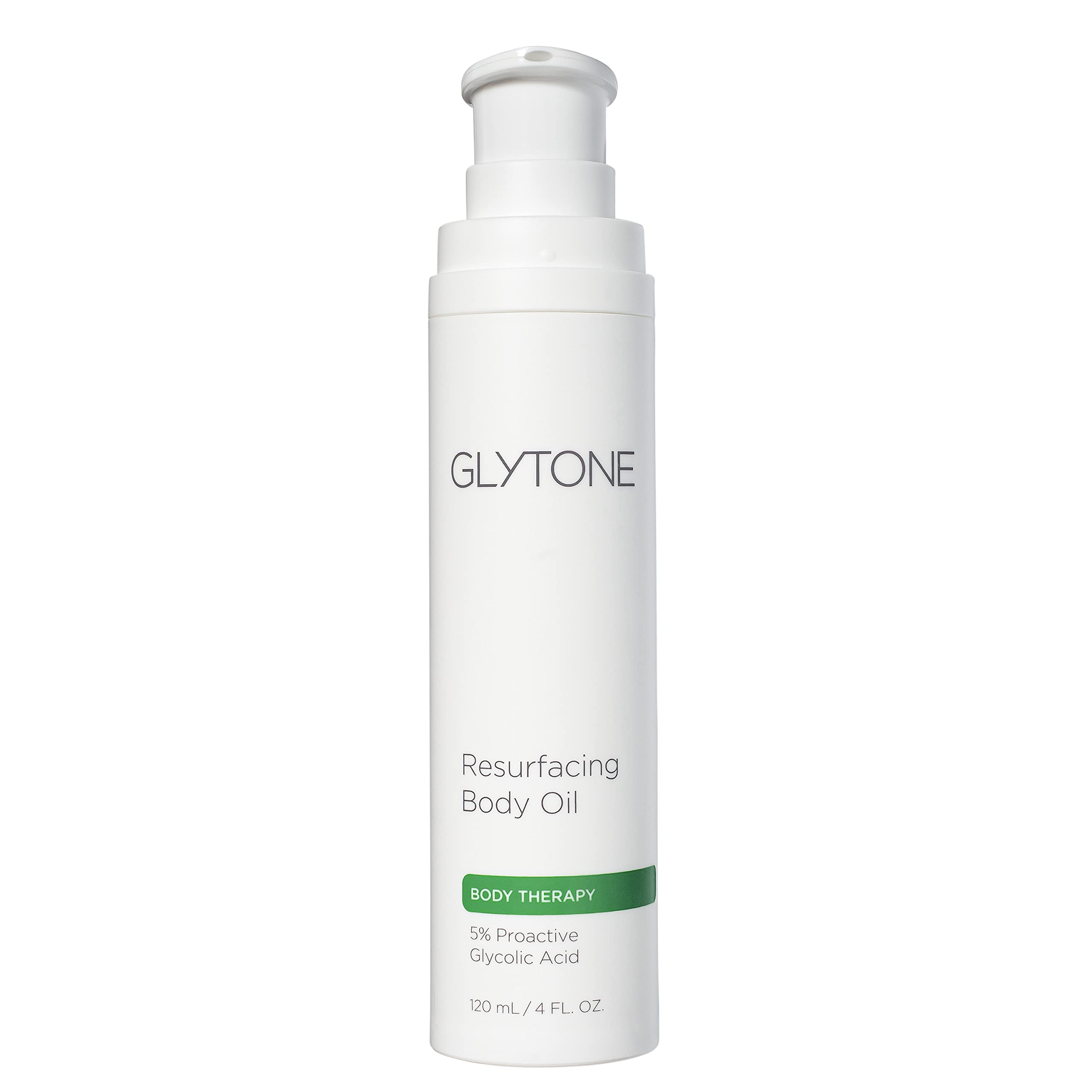 GLYTONE Resurfacing Body Oil bottle top shows unscented, gentle resurfacing.