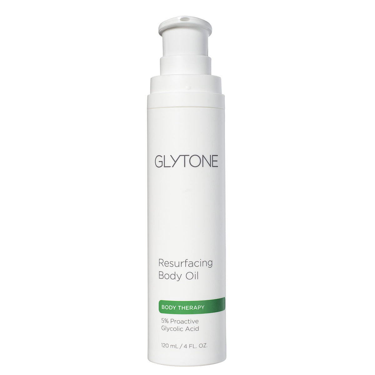 GLYTONE Resurfacing Body Oil bottle top shows unscented, gentle resurfacing.