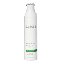 GLYTONE Resurfacing Body Oil bottle top shows unscented, gentle resurfacing.
