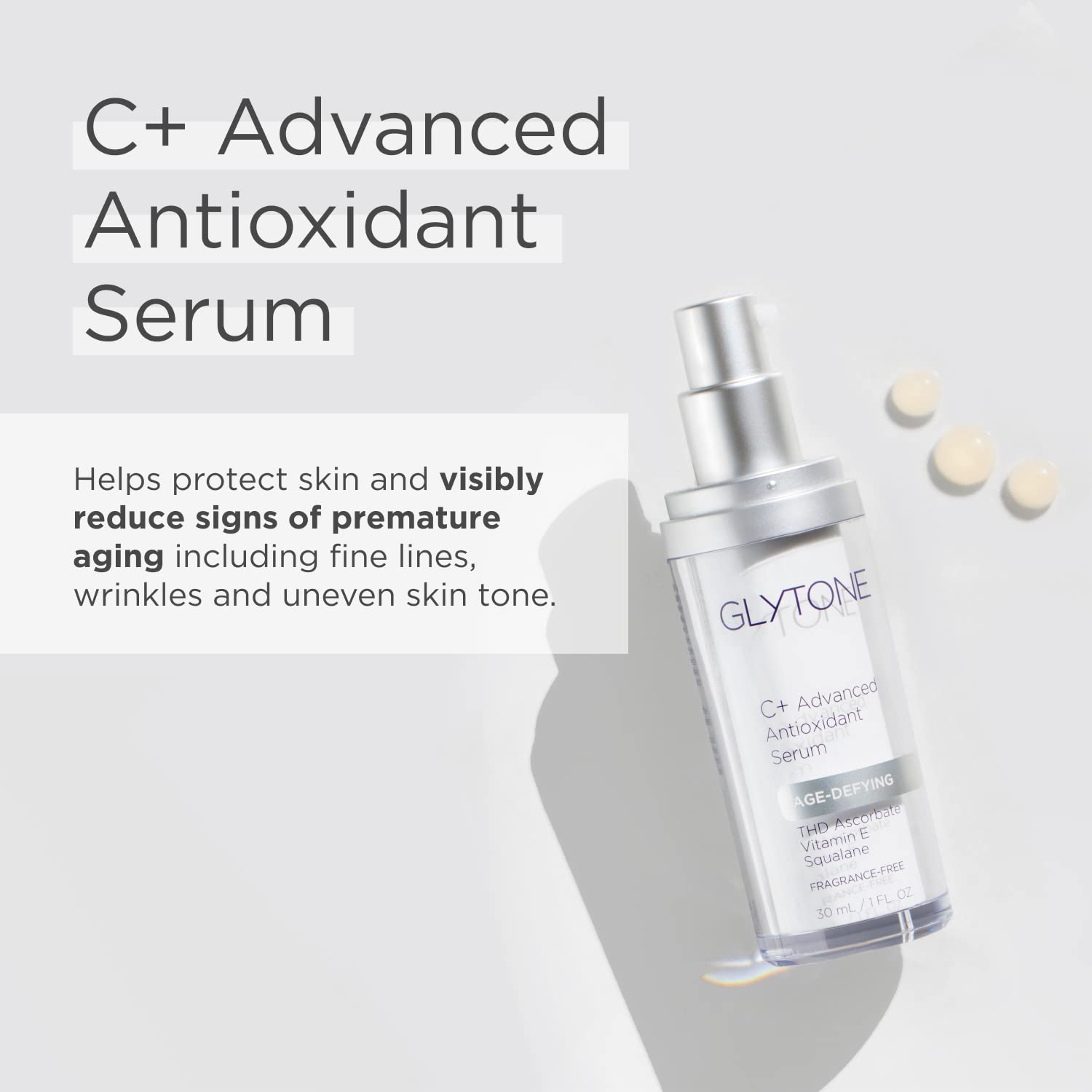 Glytone Vitamin C Serum 20 percent dosage close-up emphasizes antioxidant protection.
