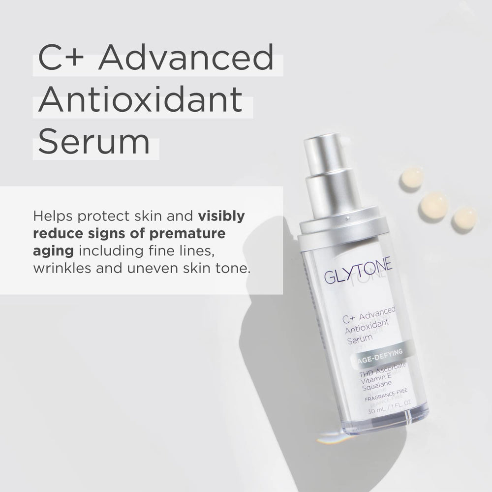 Glytone Vitamin C Serum 20 percent dosage close-up emphasizes antioxidant protection.